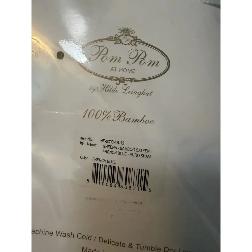 Pom Pom at Home Sheena Sateen Euro Pillow Sham Bamboo White Blue Trim NEW $103